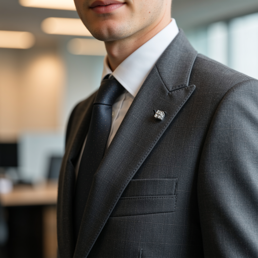 Fifty year old male finance executive headshot wearing gray suit and blue tie, corporate office setting, professional demeanor